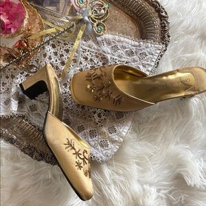 Vintage 90s Beaded Mule Slides Gold 8 Embellished Square Toe Y2K Heel Kitten Hot